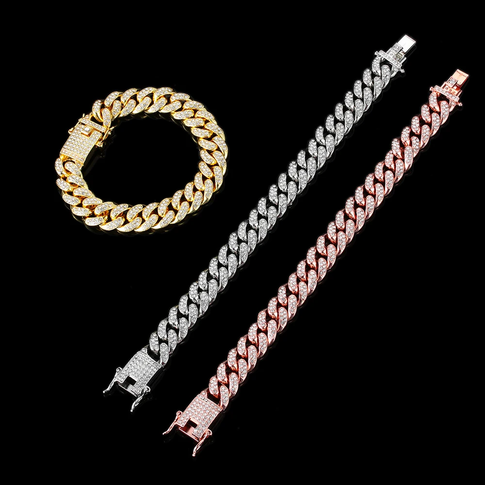 Модный кубинский браслет в стиле хип-хоп, Роскошные браслеты для мужчин, звеньевая цепочка, золотые, серебряные блестящие цветные ювелирные изделия, инкрустированные Стразы