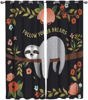

Kawaii Sloth Flower Branch Cartoon Window Curtains Living Room Fabric Drapes Curtain Home Decor Curtains for Bedroom