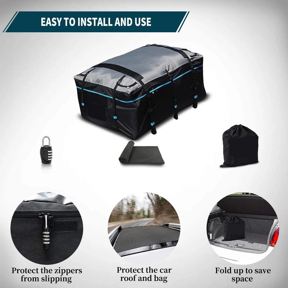 LEDKINGDOMUS Rooftop Cargo Carrier Bag 600D with PVC Coating Roof Top Bag for All Cars with/Without Rack, Waterproof 19cft Truck Pickup Cargo Carrier Bungee Hooks/Anti-Slip Mat Inclued 