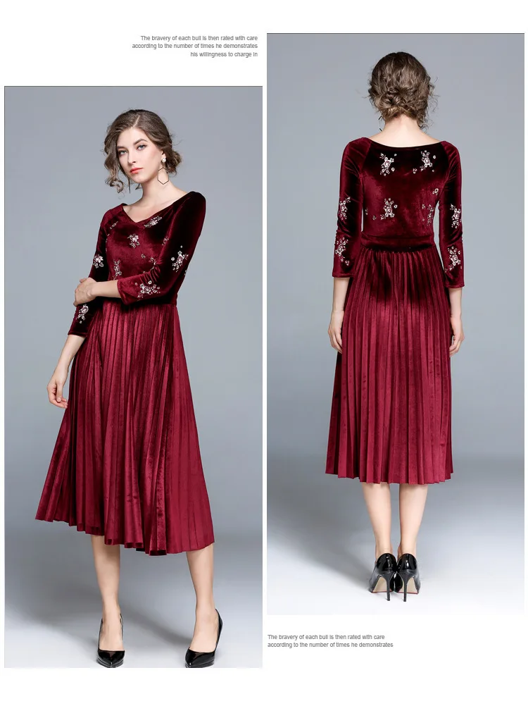 Элегантное женское красное бархатное зимнее платье с вышивкой, vestido de festa, рокабилли, плиссированное теплое рождественское платье Kerst Jurk K6143