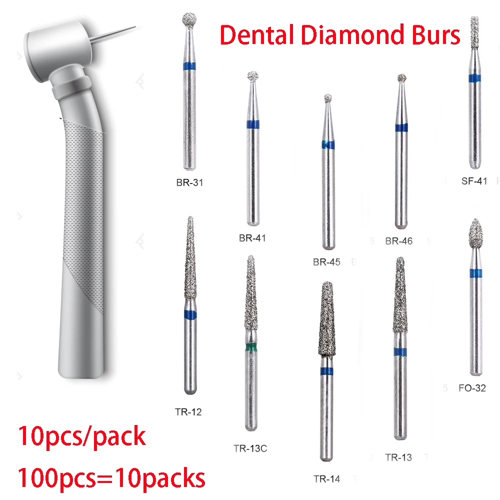 

100pcs Dental Diamond Burs Drill Dentistry Burs Dia-burs for High Speed Handpiece Handle Diameter 1.6mm Dentist Tools BR31 BR45