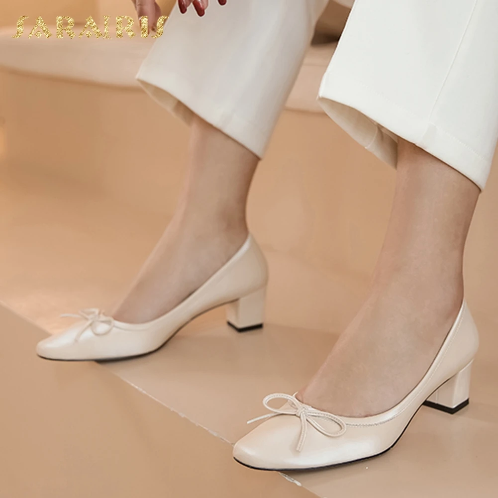 

Sarairis 2020 New Design High Quality Sheepskin Concise Pumps Woman Shoes Slip On Chunky Heels Sweet Bowtie Shoes Women Pumps