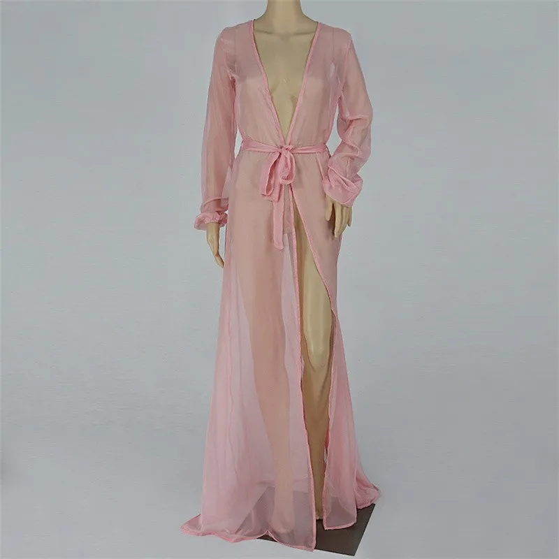 Solid Pink Cover Up Mesh Floor Length Cover Up Sexy Beach Wear Swimwear Cover Up Women Beach Long Sleeve Bathing Cover Up - Цвет: Pink