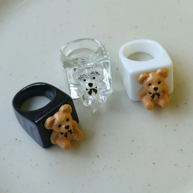 Cartoon Transparent Resin Acrylic Geometric Square Bear finger Rings For Women Girls Travel Jewelry Gifts finger ring,animal ring