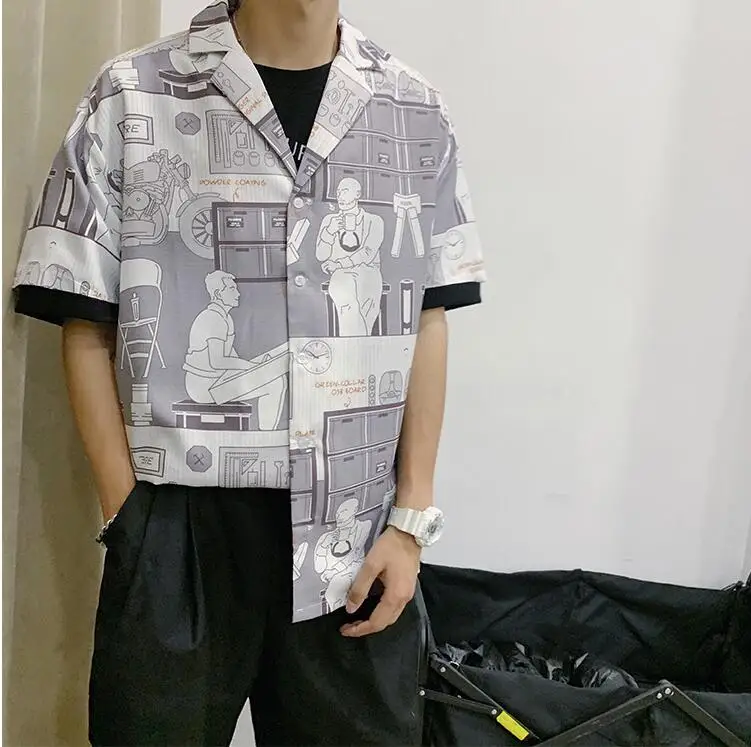 Серый Мужской уличный с короткими рукавами Повседневная забавная рубашка в стиле хип-хоп - Цвет: Серый