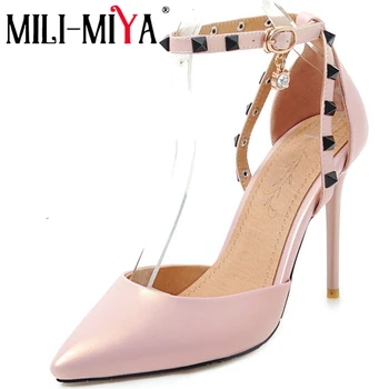 

MILI-MIYA Black Pink White Fashion Spring Autumn Shoes Woman Pointed Toe Buckle Elegant Rivet Women High Heels Shoes Big Size