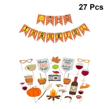 

1 Set Thanksgiving Day Photo Props and Banner Pumpkin Maple Leaves Red Wine Photo Booth Props with Bunting Home Party Decoration