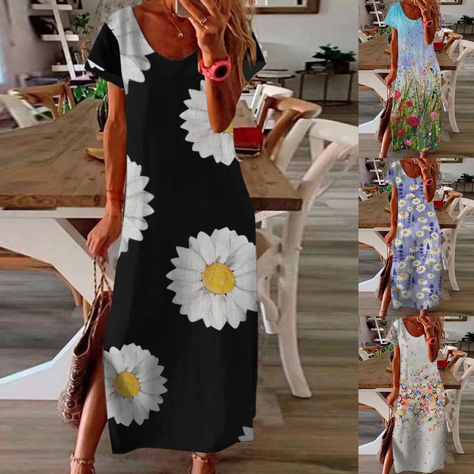 Summer Dress  Plus Size Women Round Neck Short Sleeve Flower Printed Daily Vestido Casual Vintage Bohemian Maxi Dress Женский 2