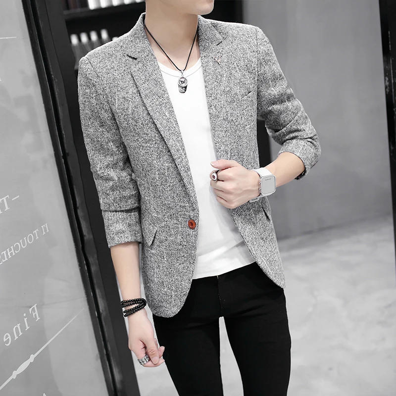 New Slim Fit Casual Jacket Cotton Men Blazer Coats Single Button Gray Mens Suit Jacket Autumn Coat Male Suit Jackets