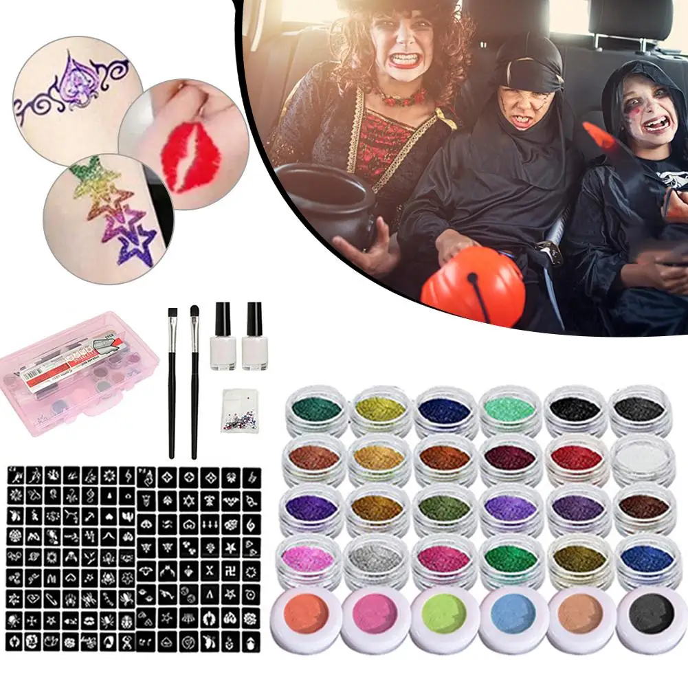 Glitter Tattoo Kits Colorful Body Painting Art Waterproof Temporary Tattoo for Adults Kids Face DIY Nail Painting Art MakeupTool