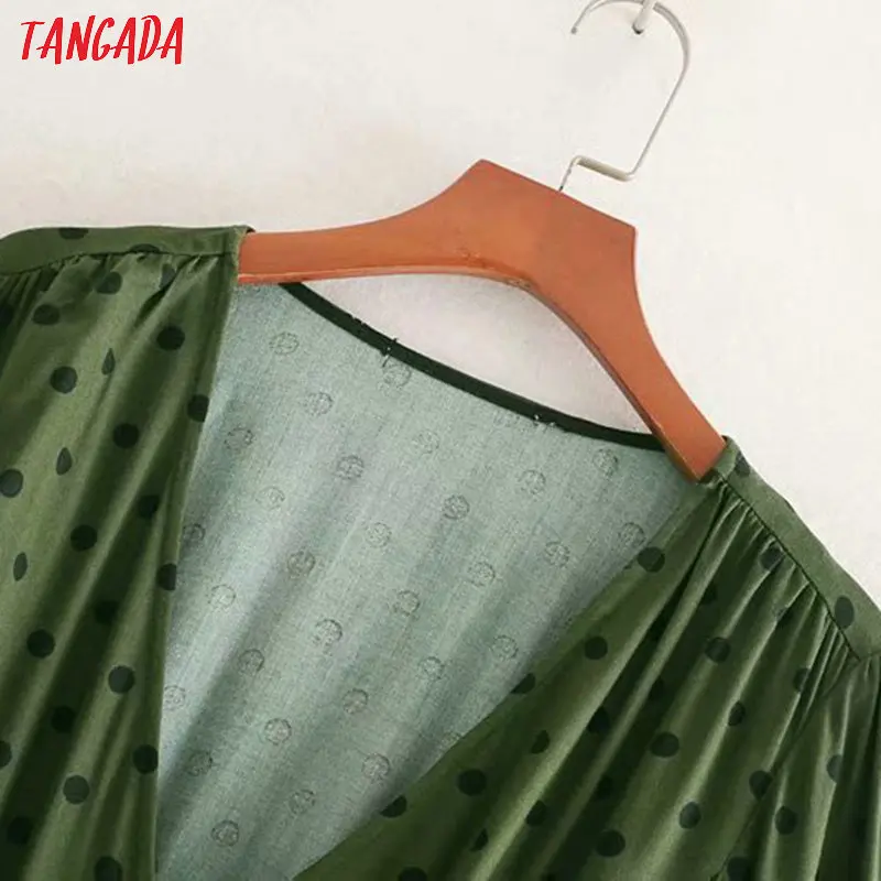 Tangada, женское зеленое платье миди в горошек, с длинным рукавом, v-образный вырез, эластичная талия, винтажное женское платье, vestidos CE117