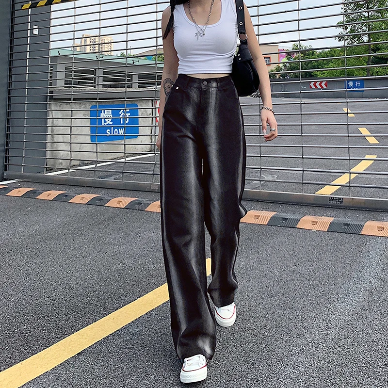 

Streetwear White Striped High Waist Wide Leg Baggy Black Jeans Woman 2020 Fall Full Length Loose Trousers Denim Y2k Pants Female