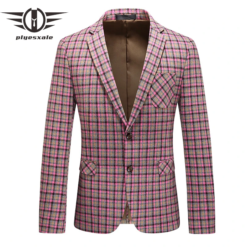Plyesxale 2020 Autumn Pink Plaid Blazer High Quality Casual For Men Stylish Mens Fashion Check Blazers Suit Jacket Q927 | Мужская одежда