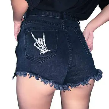 

Women's Punk Skull Embroidered High-waisted Denim Shorts P018