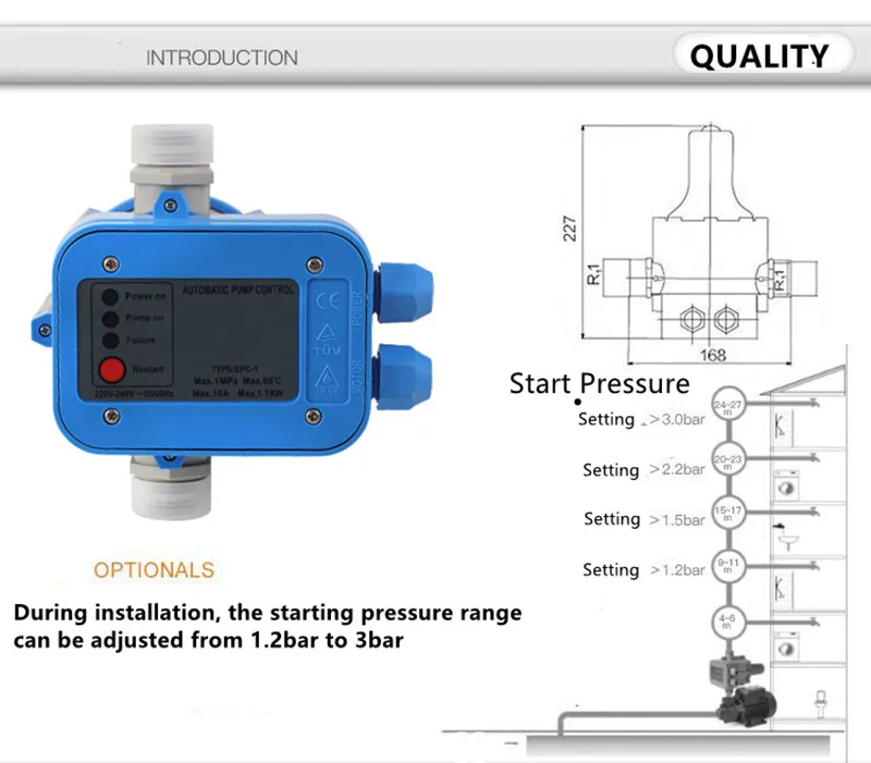 IP65 10A 220V-240VAC Water Pump Pressure Switch Automatically Controlled Electronic Switch Water Shortage Protection Adjustable