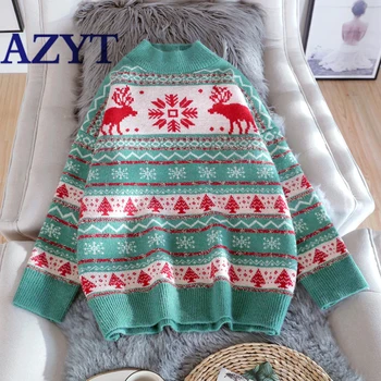 

AZYT Autumn Winter New Half Turtelneck Sweater Women's Pullover 2020 Christmas Elk Print Knit Sweater Coat Warm Women's Jumpers
