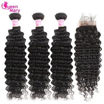 Brazilian Deep Wave Bundles With Closure Non Remy Human Hair 3 and 4 Bundles With Lace Closure Queen Mary Human Hair Extensions 3