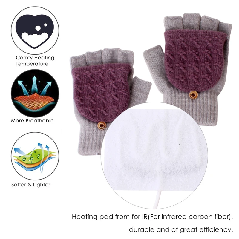 USB Heated Gloves Wool Knit Thickened Stretch Half Finger Flip Cover Foldable Mittens Warm Battery Powered Heating Unisex Gloves