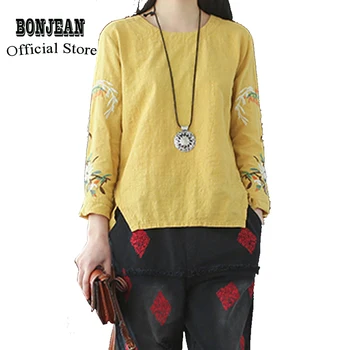 

Womens Linen Tops T Shirt Tees Long Sleeve for Ladies Embroidery Print Loose Big Fashion Cute Casual Spring Summer T450