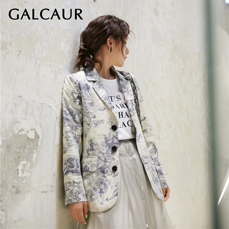

GALCAUR Print Women's Blazer Notched Long Sleeve Single Breasted Female Coat Autumn Oversized Fashion New 2019 Ladies OL Style