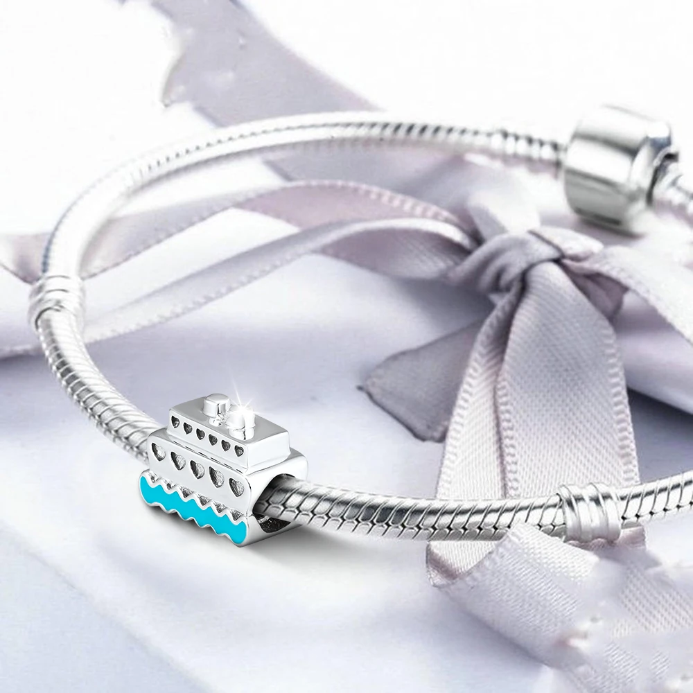 Подходит для браслетов Pandora Charms все бусины с голубой эмалью 925 пробы-серебро-ювелирные изделия