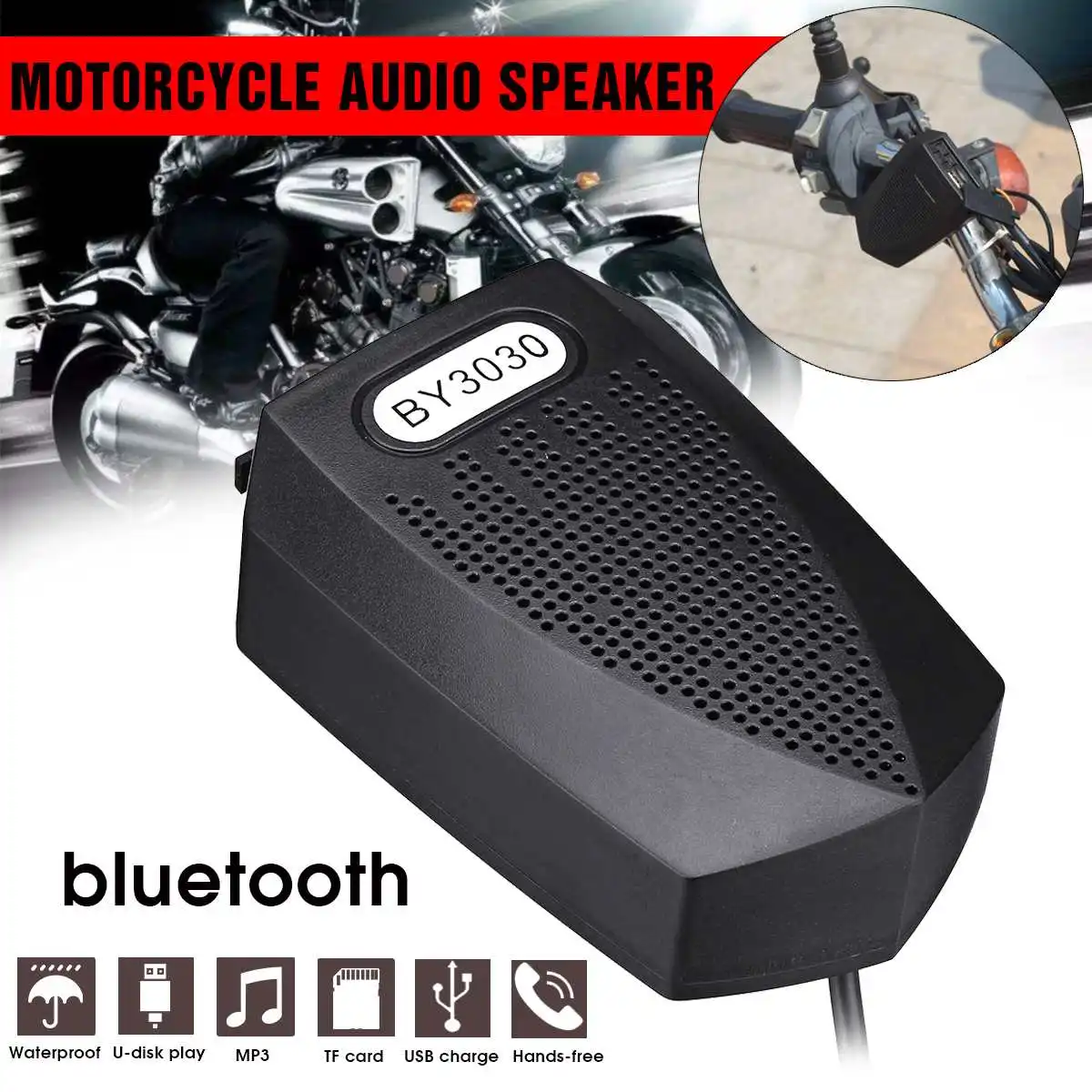 

Motorcycle Bike ATV UTV Bike Audio Radio Stereo Speaker TF MP3 USB Motorcycle Handlebar bluetooth Audio Speaker Player