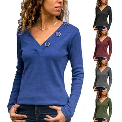 Женские Модные топы с v-образным вырезом, Повседневная Однотонная рубашка с длинным рукавом, блуза на пуговицах, H9