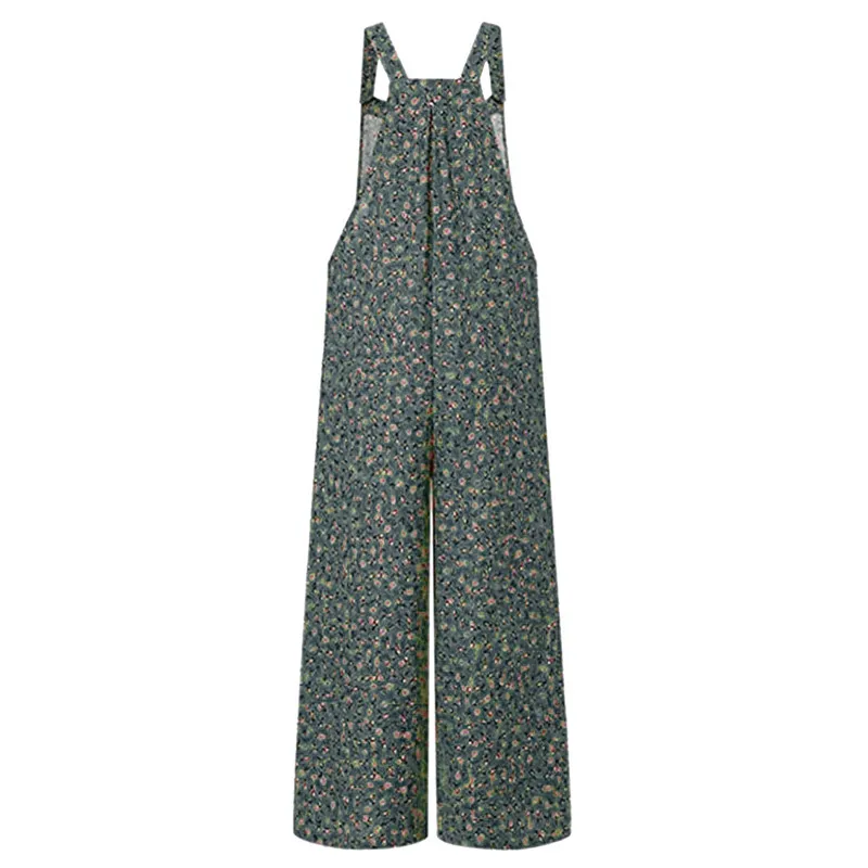 Summer Women Floral Jumpsuit Sleeveless Overalls Boho Casual Loose Playsuit Long Pants Romper Wide Leg Dungarees Retro Trousers