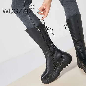 

Luxury brand bottom increasing mid-calf boots women winter shoes cow leather cross-tied round toe Motorcycle boots zapatos mujer