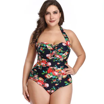 

Plus Size Foral Printed Bikini Swimwear Women Halter Deep V-Neck High Waist Wire Free Pad Bow Sexy Bathing Suit Biquini 2020