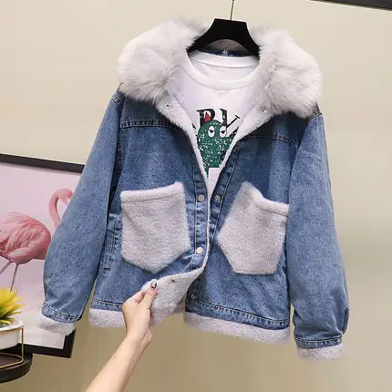 blue gray fur Повседневная Вельветовая джинсовая куртка с большим меховым воротником для женщин, Осень-зима, короткое джинсовое пальто для женщин, новые хлопковые парки, Топ xa336 - Цвет: blue gray fur