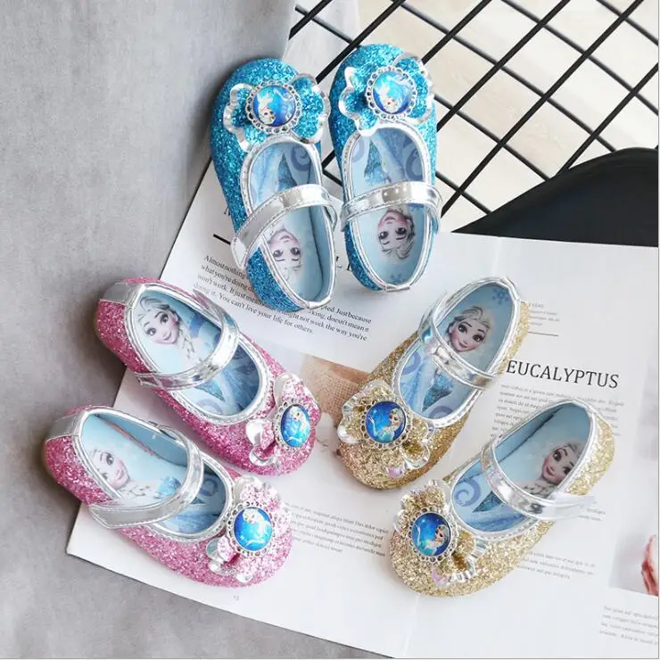 Spring new girls high heels Princess Elsa shoes cartoon children non-slip baby Shiny paillette dance shoes
