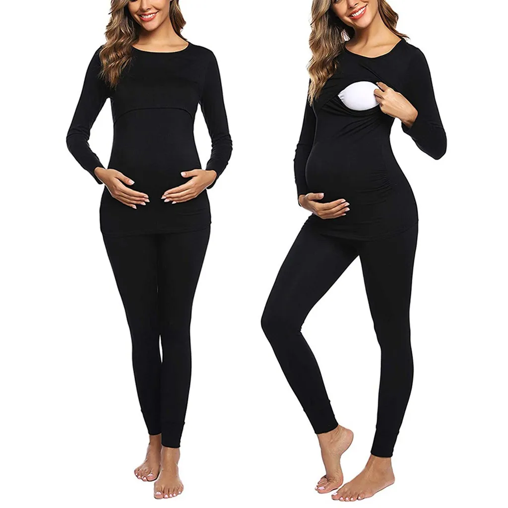 Одежда для беременных женская футболка с длинными рукавами для кормящих детей Топы+ штаны до щиколотки, пижамный комплект, костюм для женщин 1217
