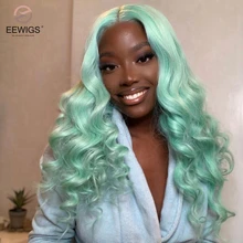 EEWIGS мятно-зеленый цвет термостойкие волосы без клея синтетические парики на кружеве натуральные волнистые Косплей парики для черных женщин