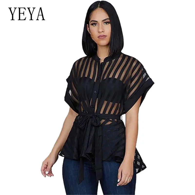 

YEYA Summer See Through Women T-Shirts Short Sleeve Perspective Casual Woman Tops Lady Vintages Hollow Out Party Black Top