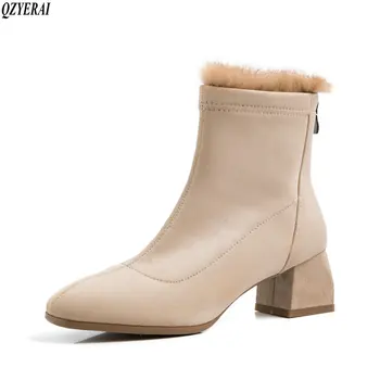 

New Classic Rabbit hair Women Boots Winter Female Snow Women Casual Thick Heel Suede Warm Fur Plush Women Shoes Women Booties