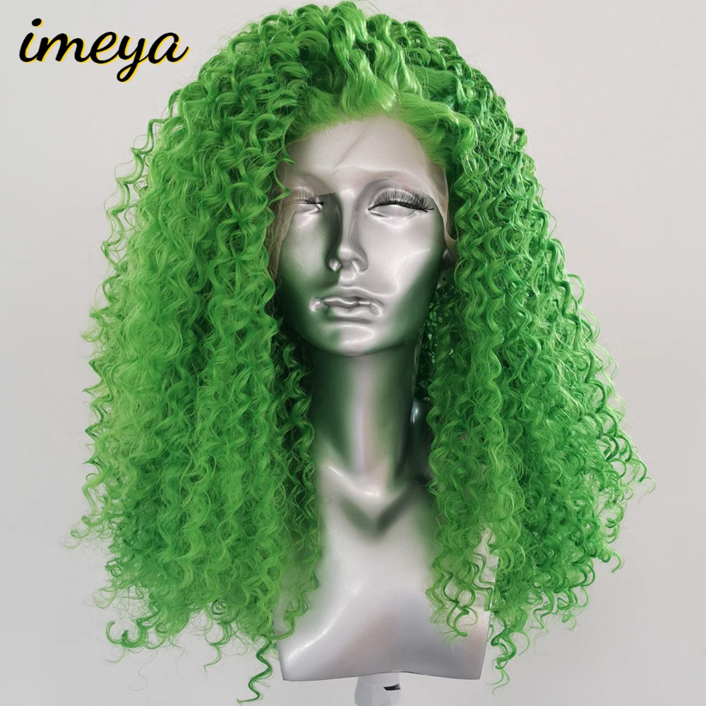 Imeya 13x3 кружева 150% плотность кудрявые синтетические парики на кружеве зеленые волосы термостойкие Замена с расчески для женщин