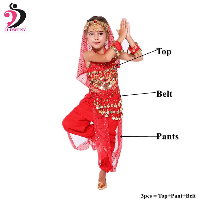 Детский набор костюма для танца живота Индийский Болливуд Восточный Египетский танец живота юбка для девочек танец живота топ брюки хип шарф - Цвет: Red 3pcs