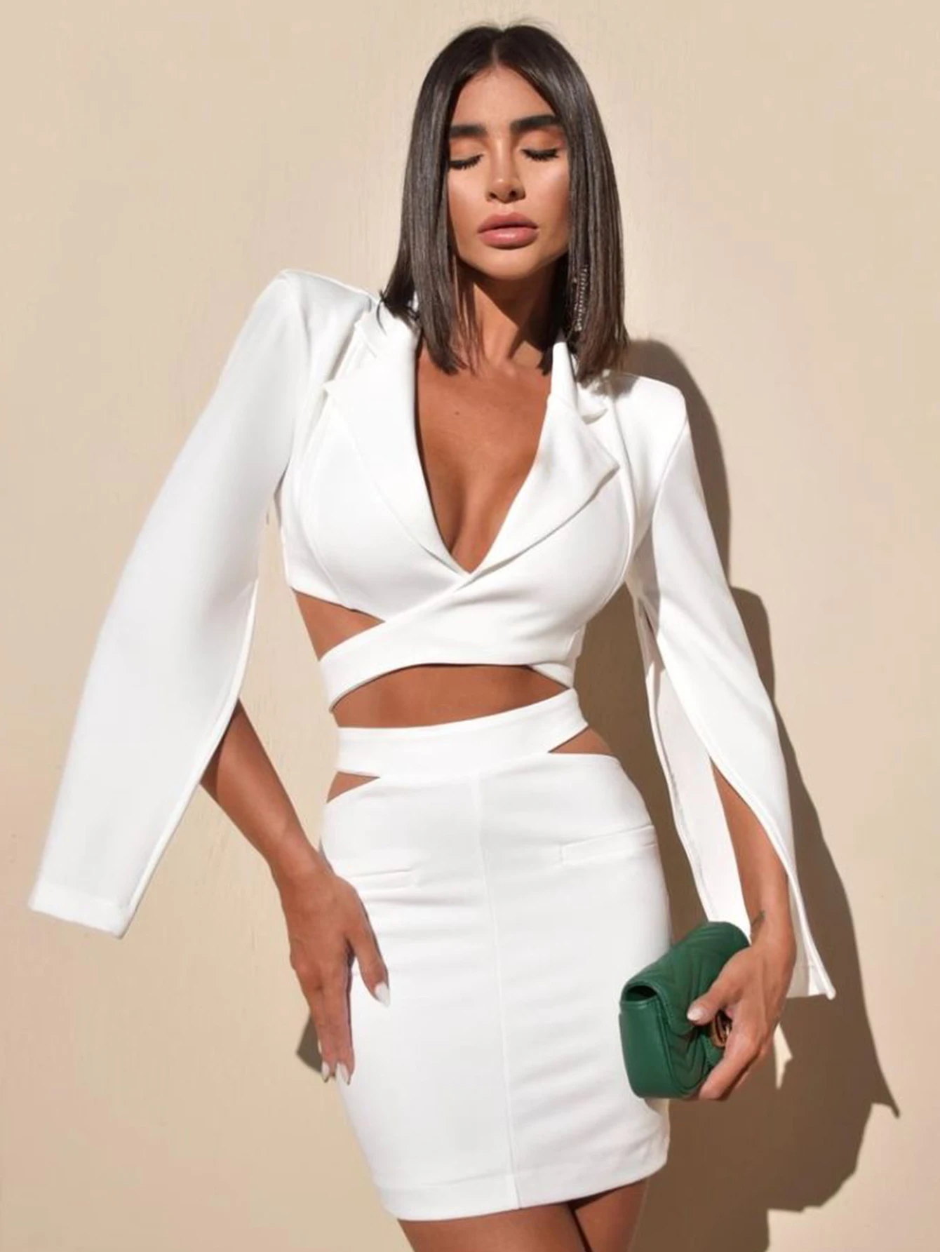 Adyce White 2 Two Pieces Sets Clothes For Women Sexy V Neck Tops &amp Mini Skirt 2022 Winter Hollow Out Long Sleeve Club Party |