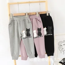 Повседневные штаны для девочек с принтом кота из мультфильма; спортивные штаны; Милые осенние спортивные штаны с кружевным карманом для маленьких девочек