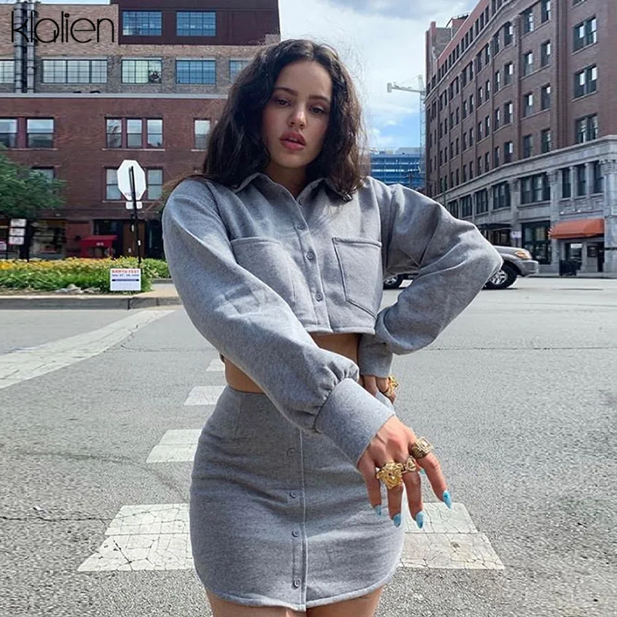 

KLALIEN Harajuku Long Sleeve Turn Down Collar Single Breasted Tops + mini skirts 2019 fashion autumn High Street 2 pieces sets
