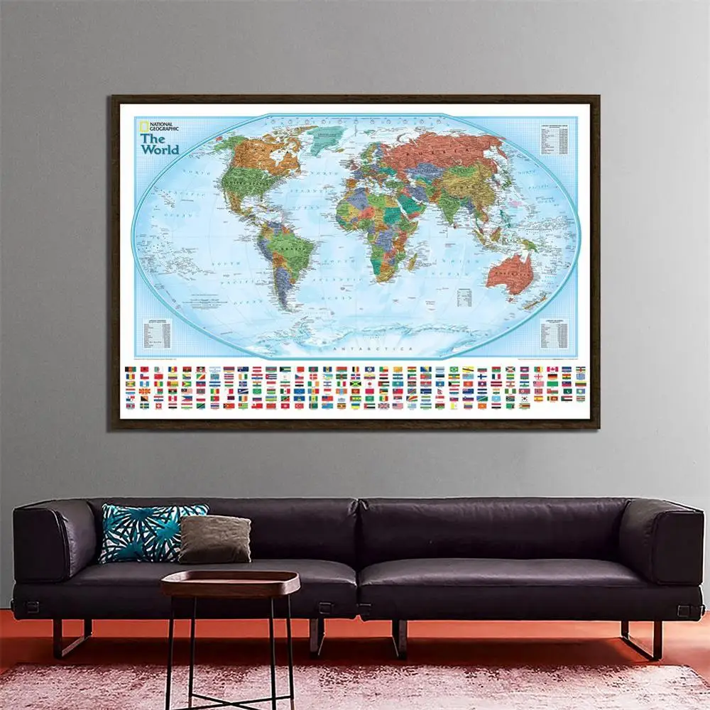 

150x225cm Non-woven Physical World Map With National Flags The World Hammer Projection Map For Culture And Education