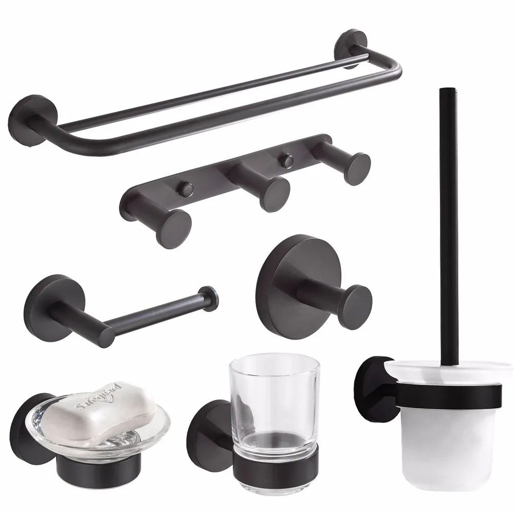 Online SUS304 juego de accesorios de baño de acero inoxidable soporte de papel negro mate gancho de Bata soporte de cepillo de dientes toallero Bar accesorios de baño