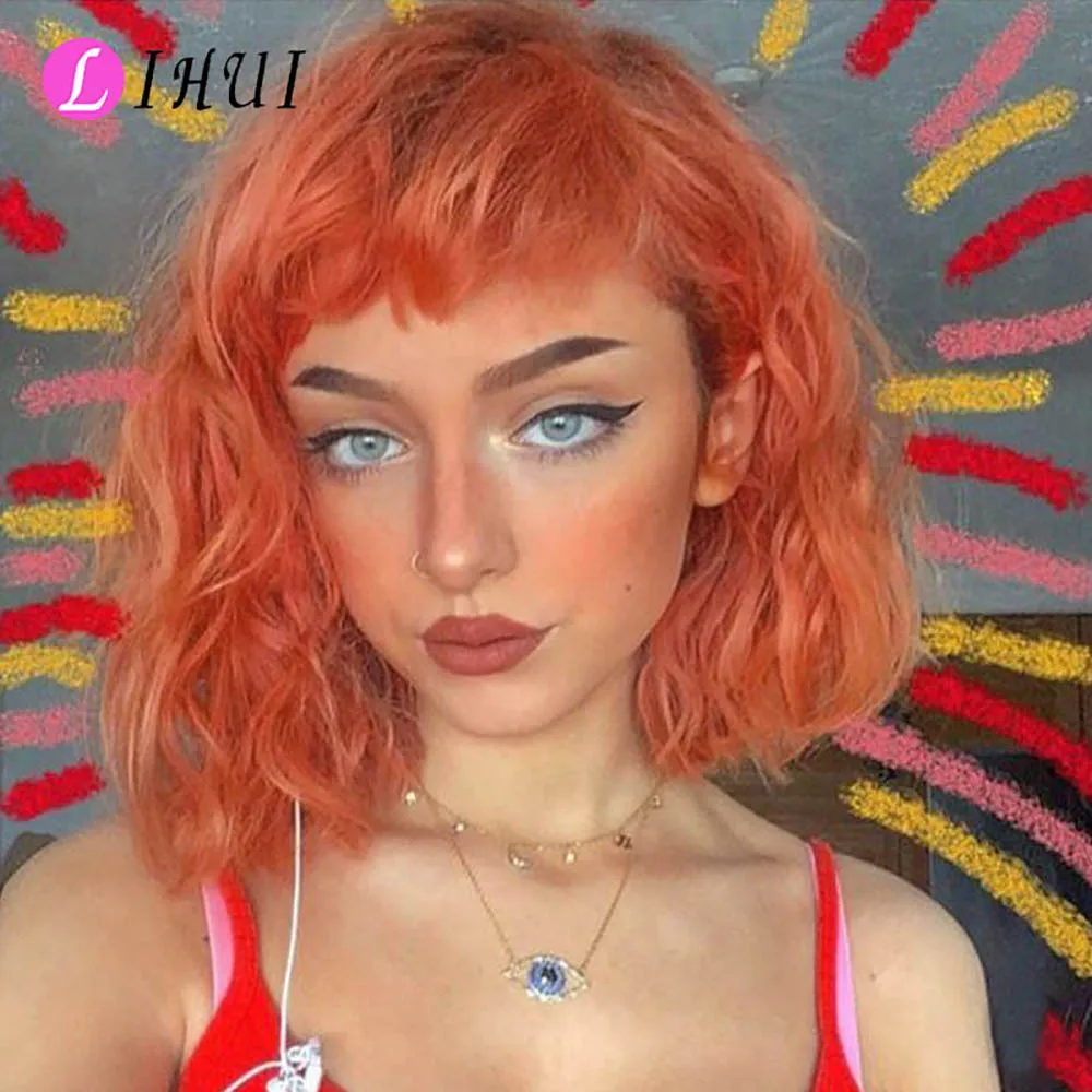 LIHUI Orange Wig With Bangs Short Wavy Synthetic Wigs Heat Resistant For Women Pink None Lace Cosplay Hair Pelucas | Шиньоны и парики
