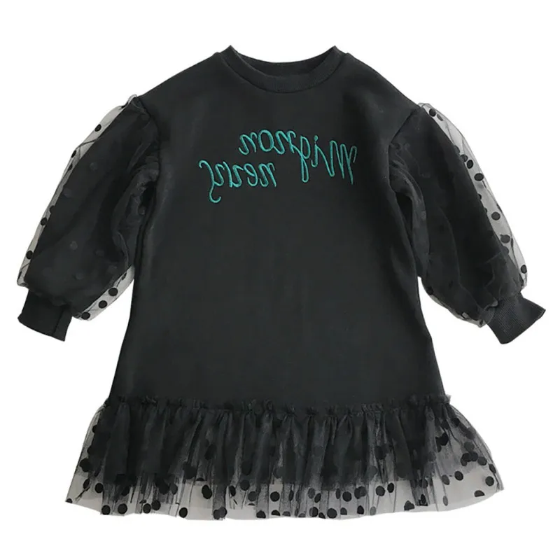 

Children Spring Autumn Toddler Girls Dress Cute Dot Embroidery Mesh Stitching Round Collar Princess Long-Sleeved Sweet Dress