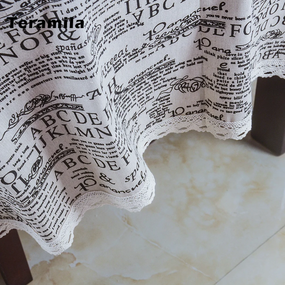 Teramila Thick Table Cloth Texts Design Linen With Lace Tablecloth Rectangular Square Dining Table Cover For Home Party Kitchen