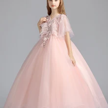 Торжественное элегантное кружевное платье с перьями и цветами для девочек свадебные платья принцессы вечерние платья длинное выпускное платье из фатина, платье для первого причастия