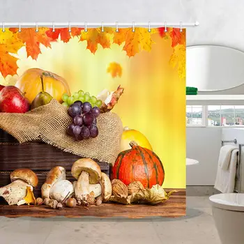 

Thanksgiving Festival Fallen Leaves Fabric Shower Curtains, Autumn Harvest Mushroom, Polyester Waterproof Pumpkin Fruit on
