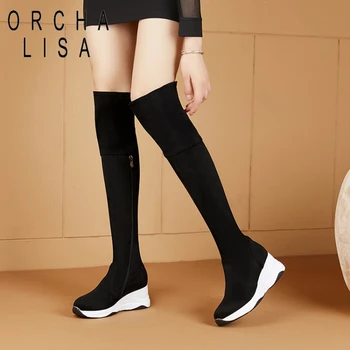 

ORCHA LISA Warm Over-knee Boots for Women Stretchy Height Increasing Platform Zipper Flock Big Size 40 Black