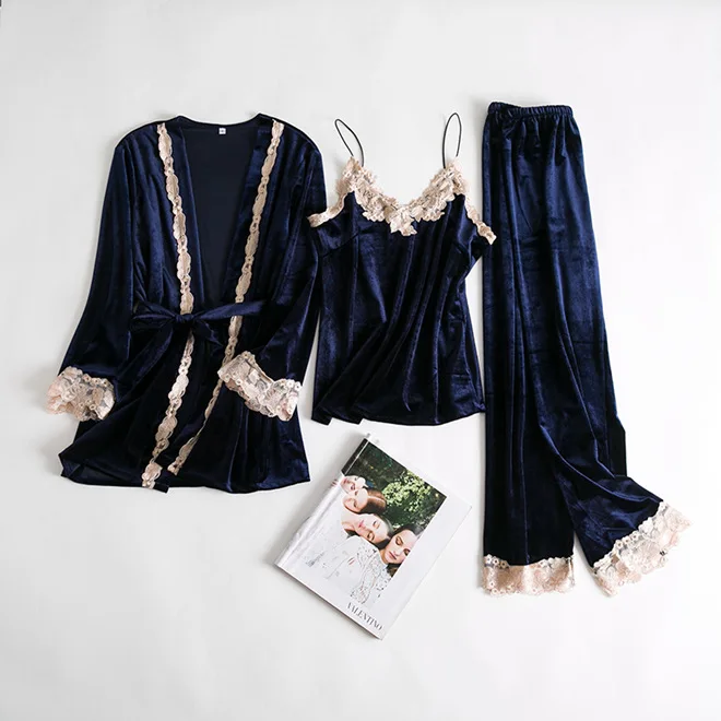 

3PCS Women Casual Pajamas Set Velvet Home Clothes Lady Sexy Lace Pyjamas Suit Spring Autumn Robe&Nightie&Pant Nightwear M L XL